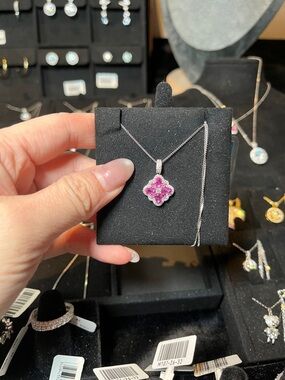 Pink Floral Moissanite Pendant Necklace - Women's Silver Chain